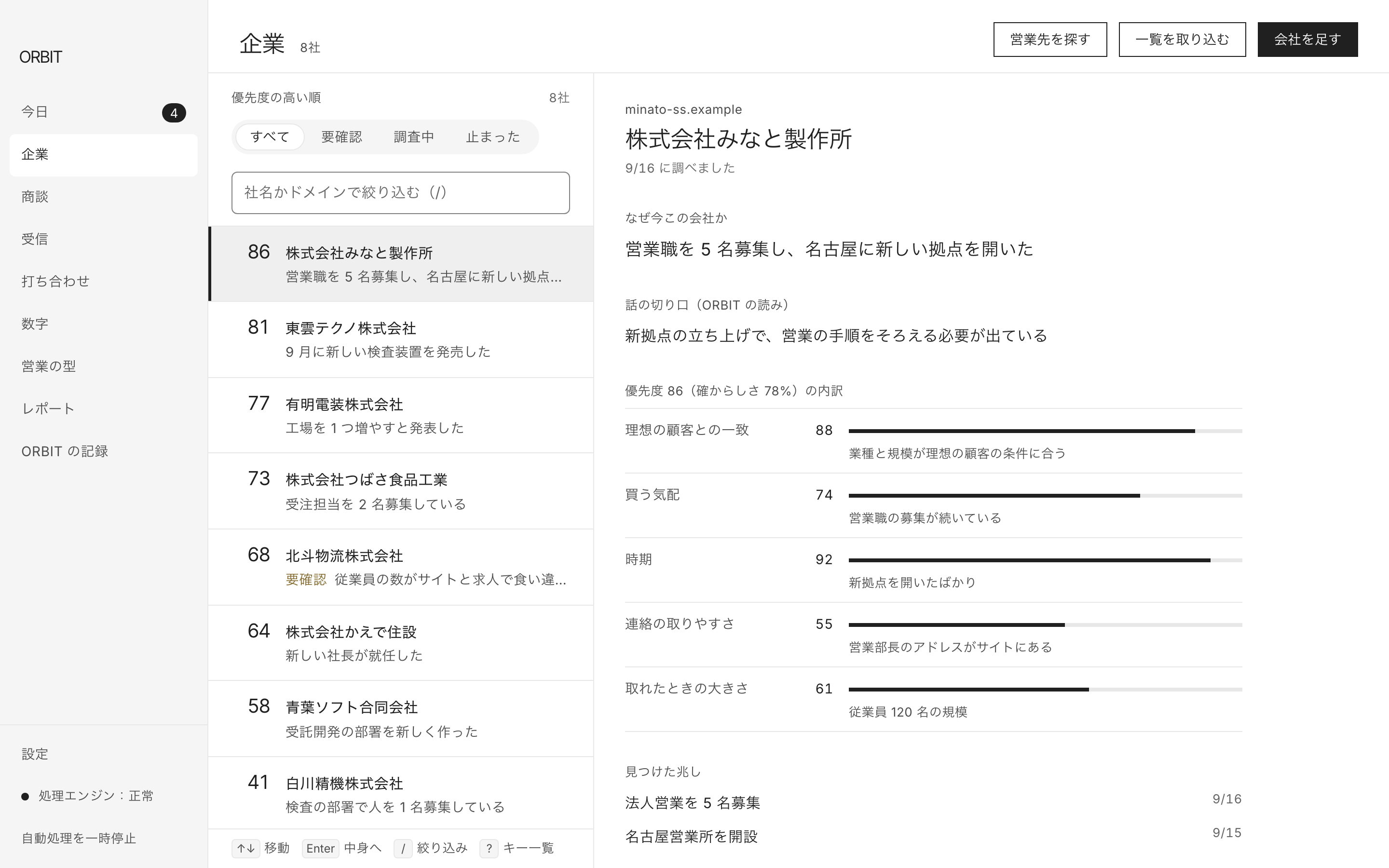 「企業」の画面。優先度の高い順の会社と、声をかける理由