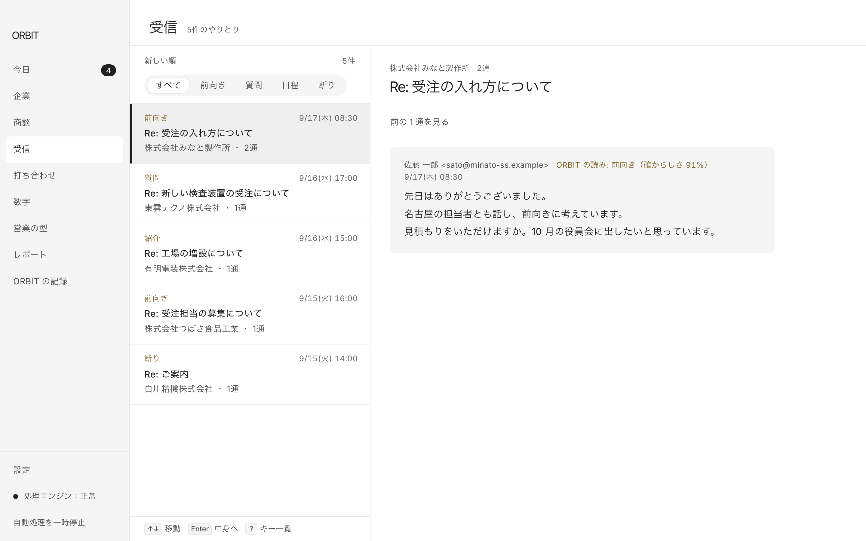 「受信」の画面。返信を読み分けた一覧